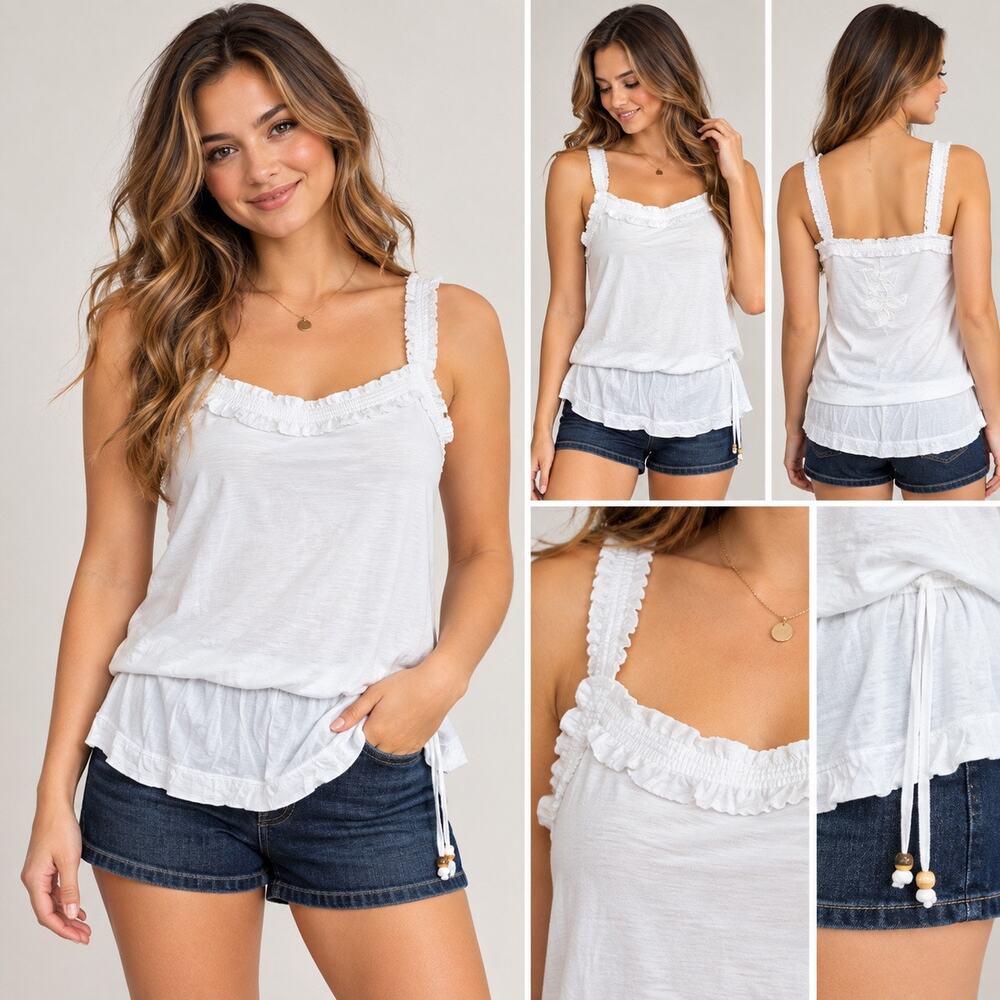 Lole Womens Tank Top Embroidered Elastic Peplum Waistband Pullover White Large